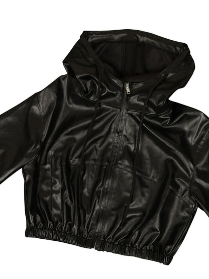 Hooded PU Leather Jacket Shorts Set