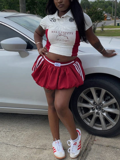 Lace Trim Letter Print Top Pleated Skirt Set