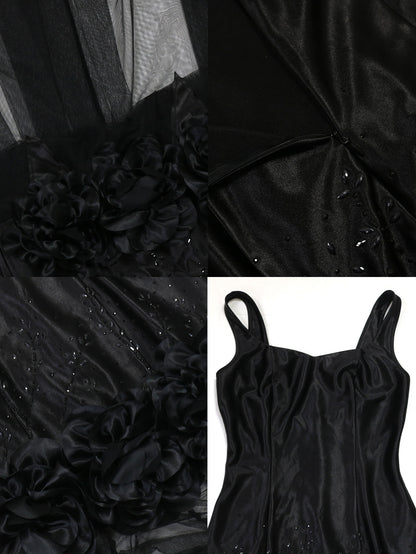 Sleeveless Sequin Flower Mesh Patchwork Maxi Dress