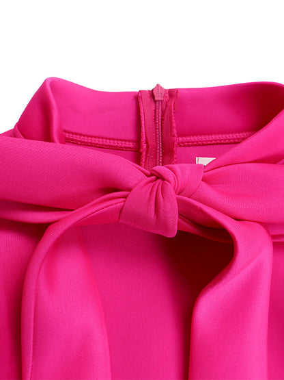 Puff Sleeve Bow-Tie Neck Flared Midi Dress