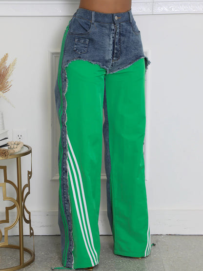 Stripe Patchwork Drawstring Denim Pants