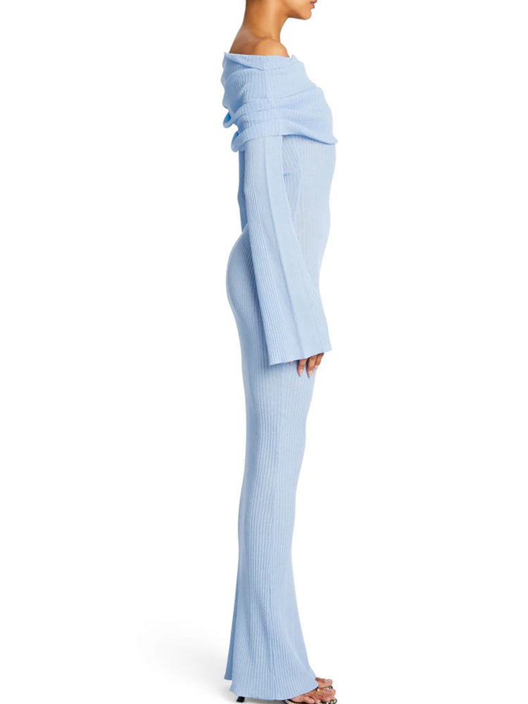 Off Shoulder Ribbed Knit Maxi Dress