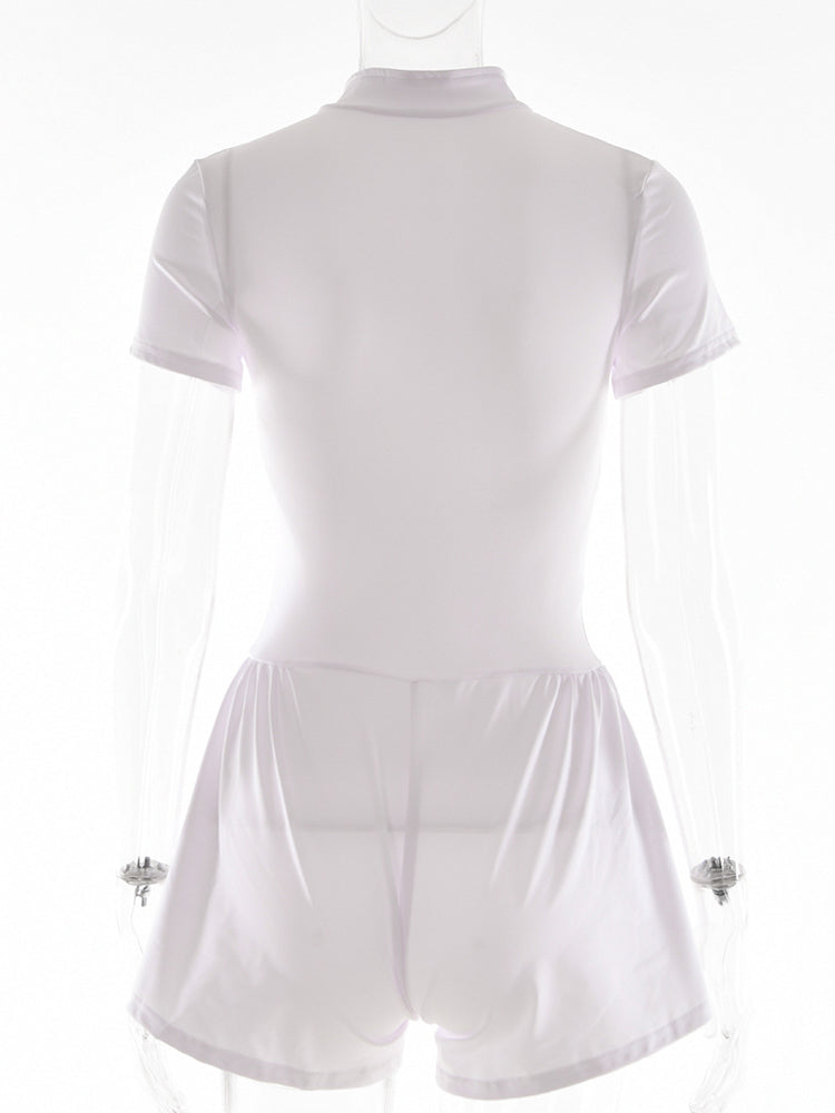 Short Sleeve Zip Front Rompers