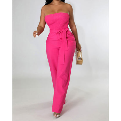 Off Shoulder Strapless Belted Wide Leg Jumpsuit