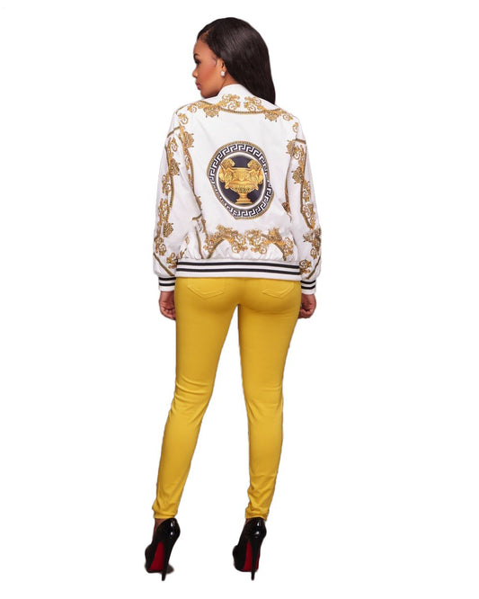 Gold Chain Print Short Bomber Jacket Coat