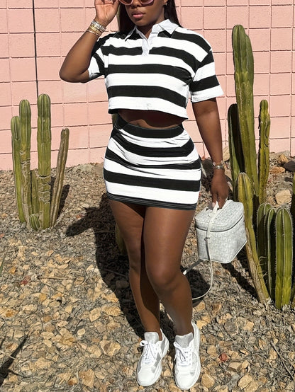 Striped Contrast Crop Top Skirt Set