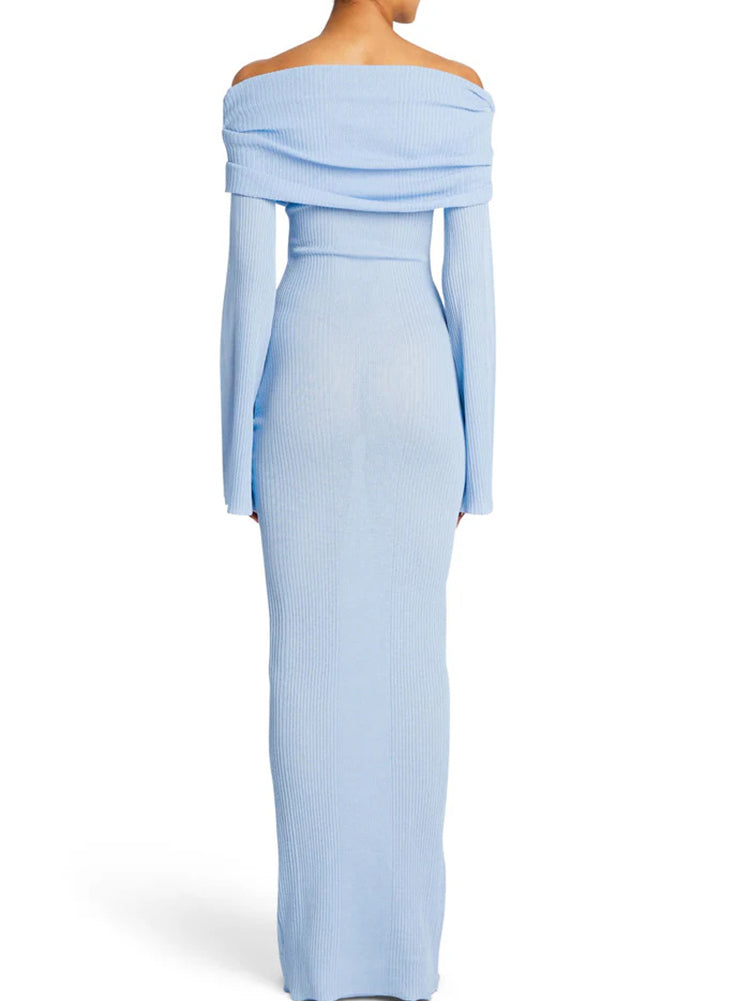 Off Shoulder Ribbed Knit Maxi Dress