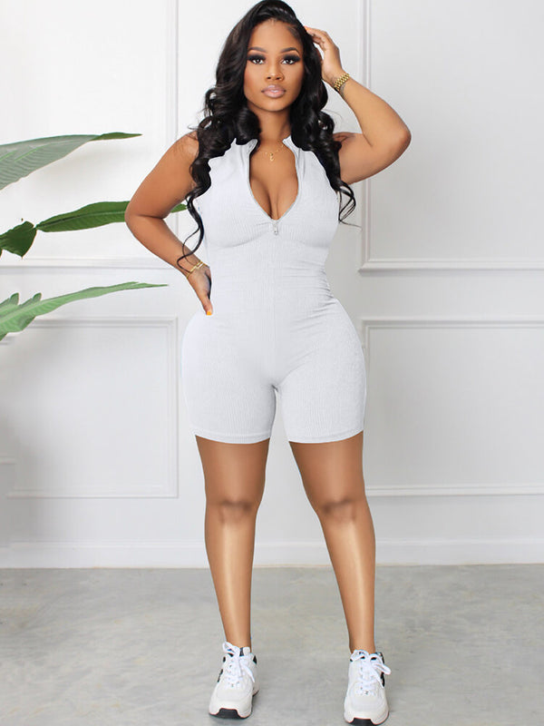 Sleeveless Ribbed Zip Up Bodycon Short Jumpsuit