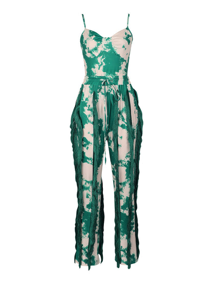 Tie Dye Fringe Cami Romper Pants Set