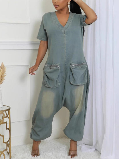 Pockets Bagged Denim Jumpsuit