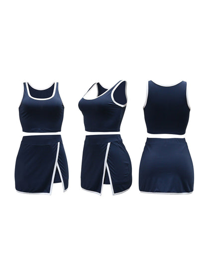 Two-Piece Contrast Trim Crop Top Skirt Shorts Set