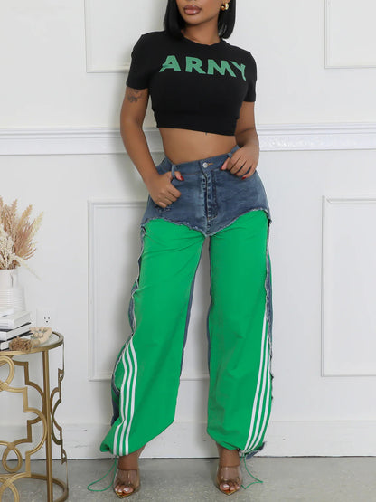 Stripe Patchwork Drawstring Denim Pants