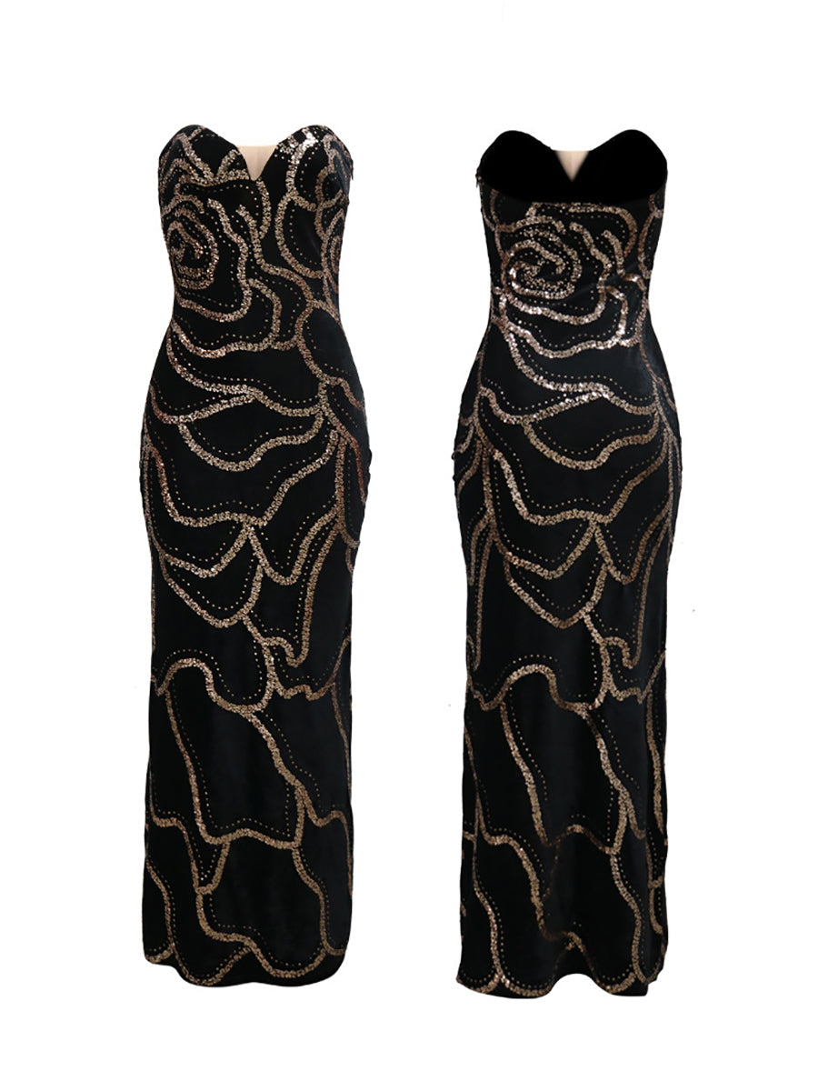 Sequins Strapless Velvet Maxi Dress