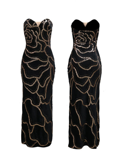 Sequins Strapless Velvet Maxi Dress