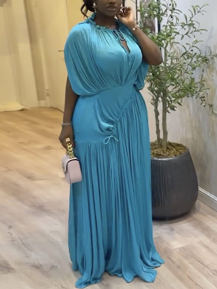 Elegant Pleated Drawstring Waist Maxi Dress