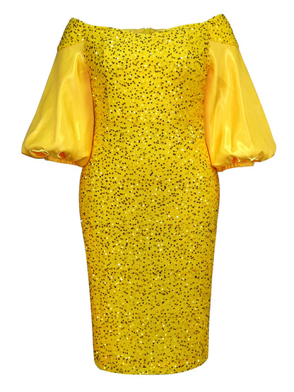Off-Shoulder Puff Sleeves Sequin Midi Dress