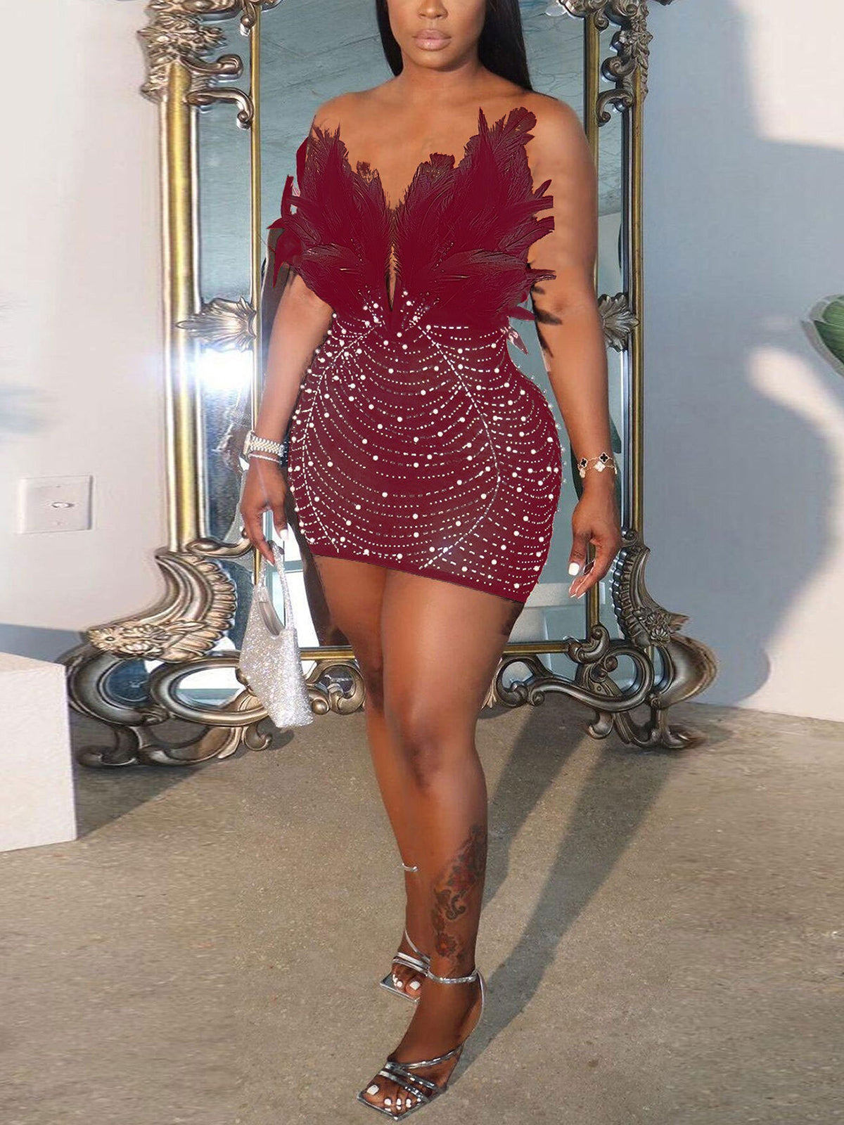 Feather Rhinestone Strapless Mini Dress