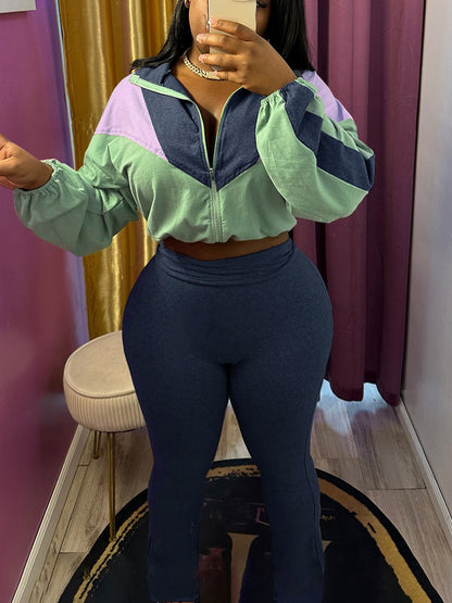 Color Block Zipper Jacket and Pants Set