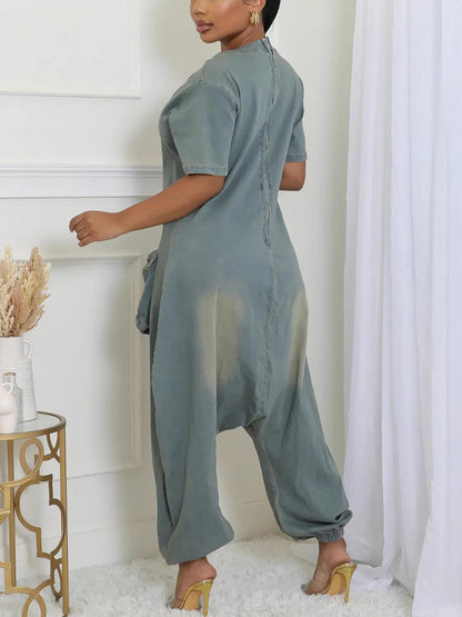 Pockets Bagged Denim Jumpsuit
