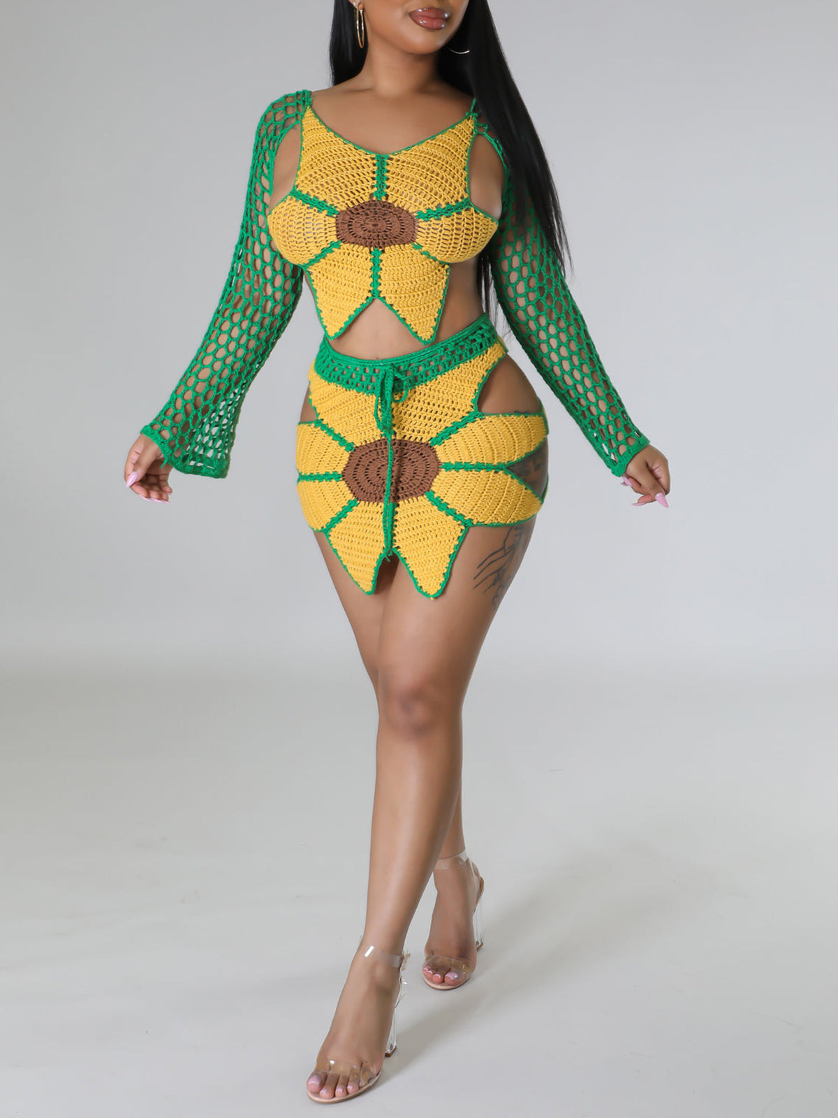 Crochet Sunflower Beach Skirt Set