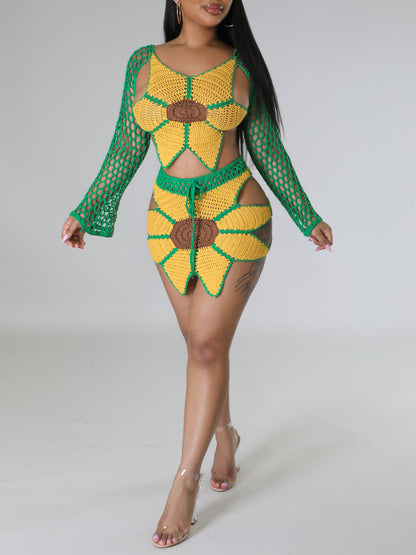 Crochet Sunflower Beach Skirt Set