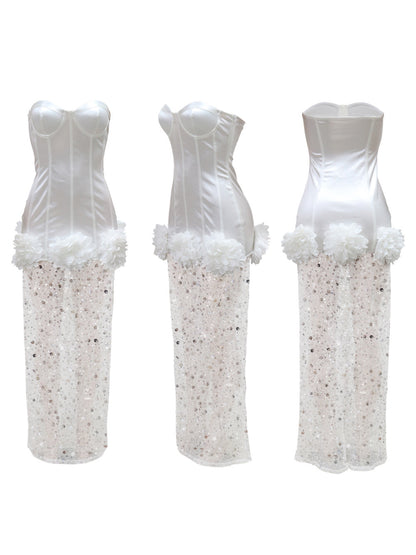 Strapless Glitter Mesh Flowers Mini Dress