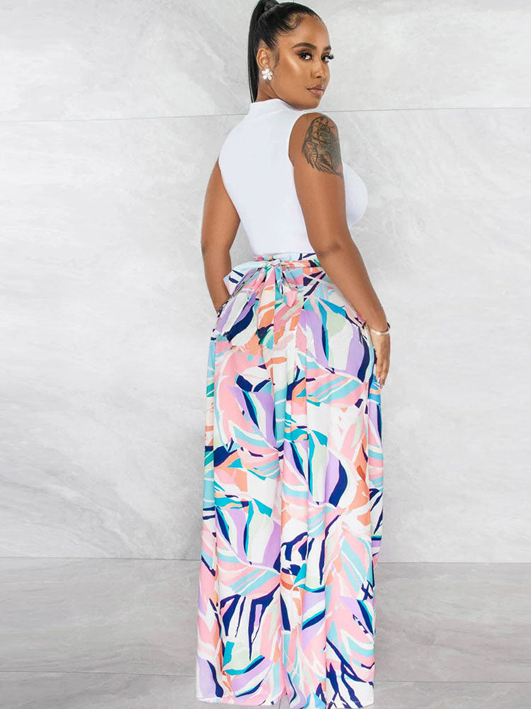 Two Piece Crop Top Floral Print Long Pants