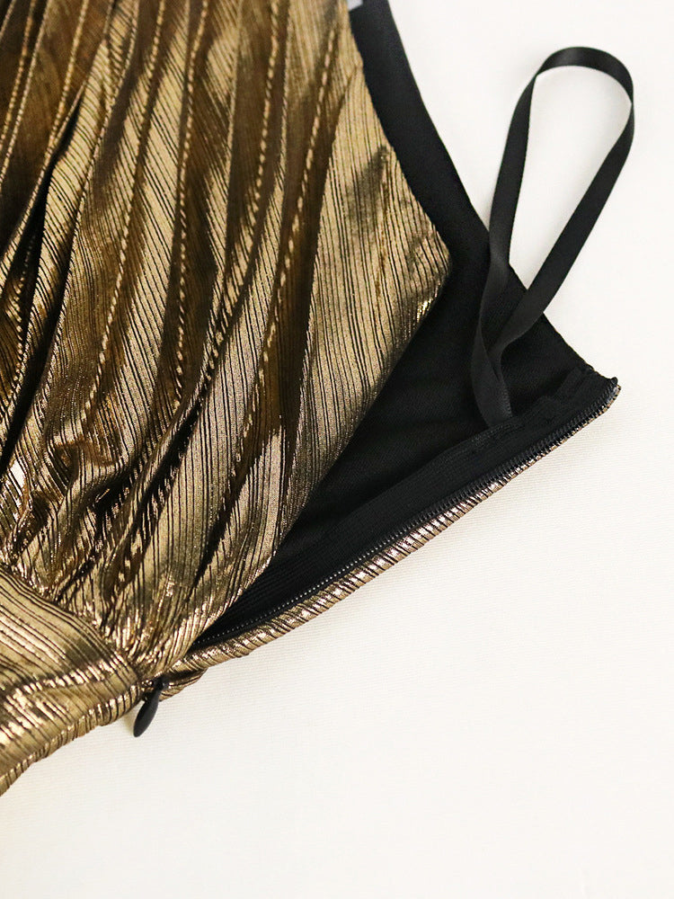 One-Shoulder Glitter Pleated Maxi Dress