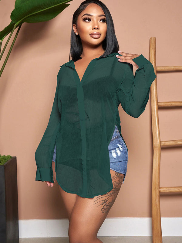 Long Sleeve Mesh Side Split Shirts