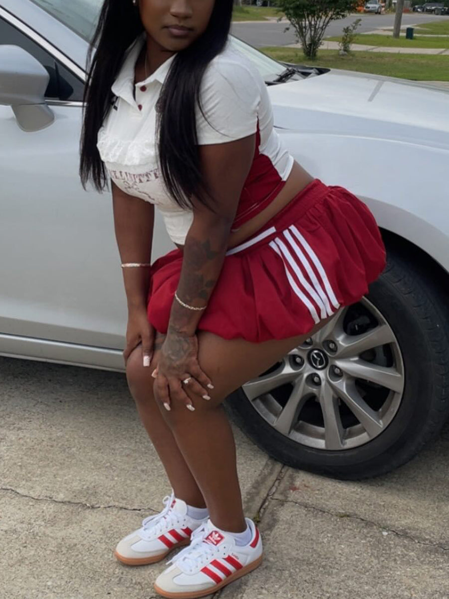 Lace Trim Letter Print Top Pleated Skirt Set