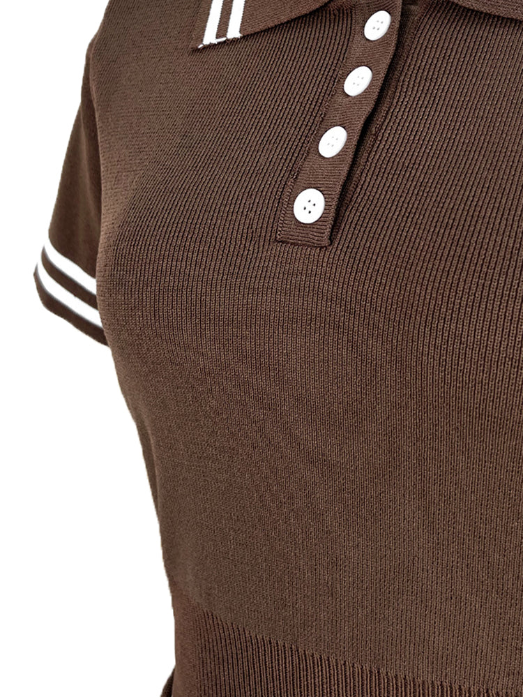 Stripe Knit Polo Crop Top Pleated Skirt Set