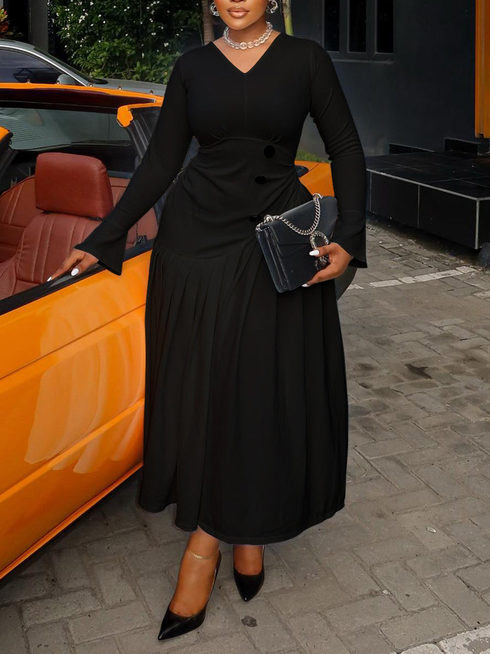 Plus Size V Neck Button Waist Maxi Dress