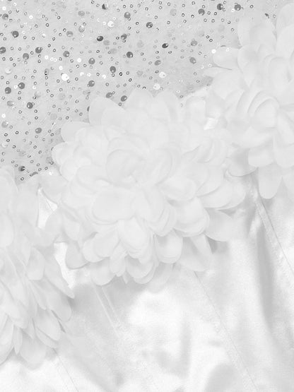 Strapless Glitter Mesh Flowers Mini Dress