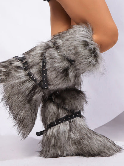 Y2K Faux Fur Cross Strap Buckle Boots