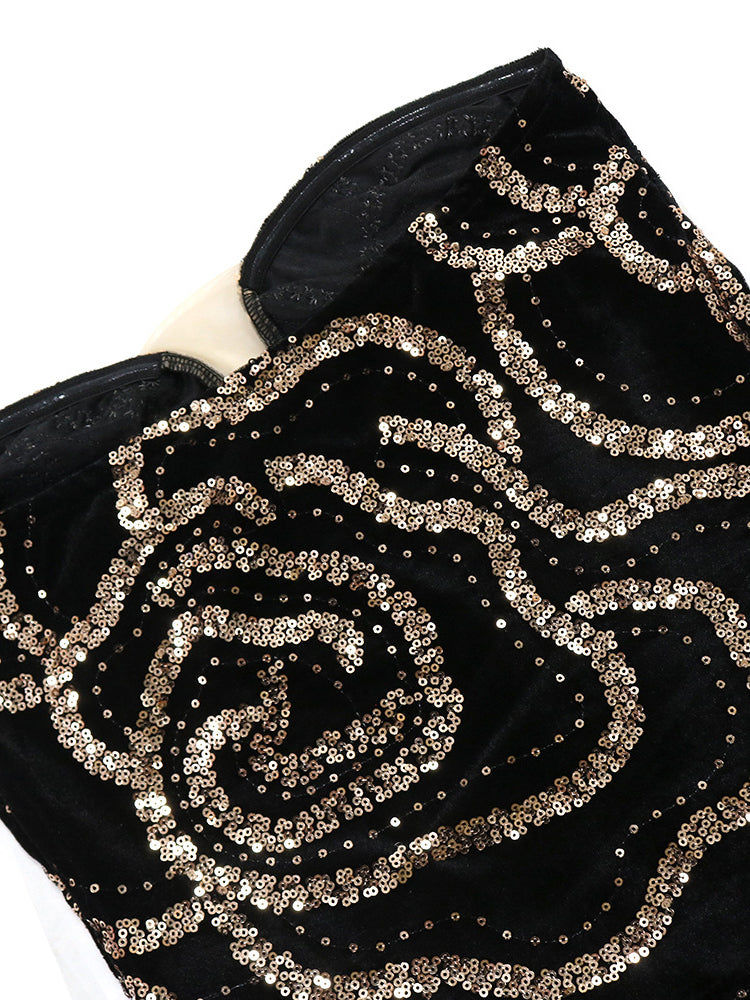 Sequins Strapless Velvet Maxi Dress