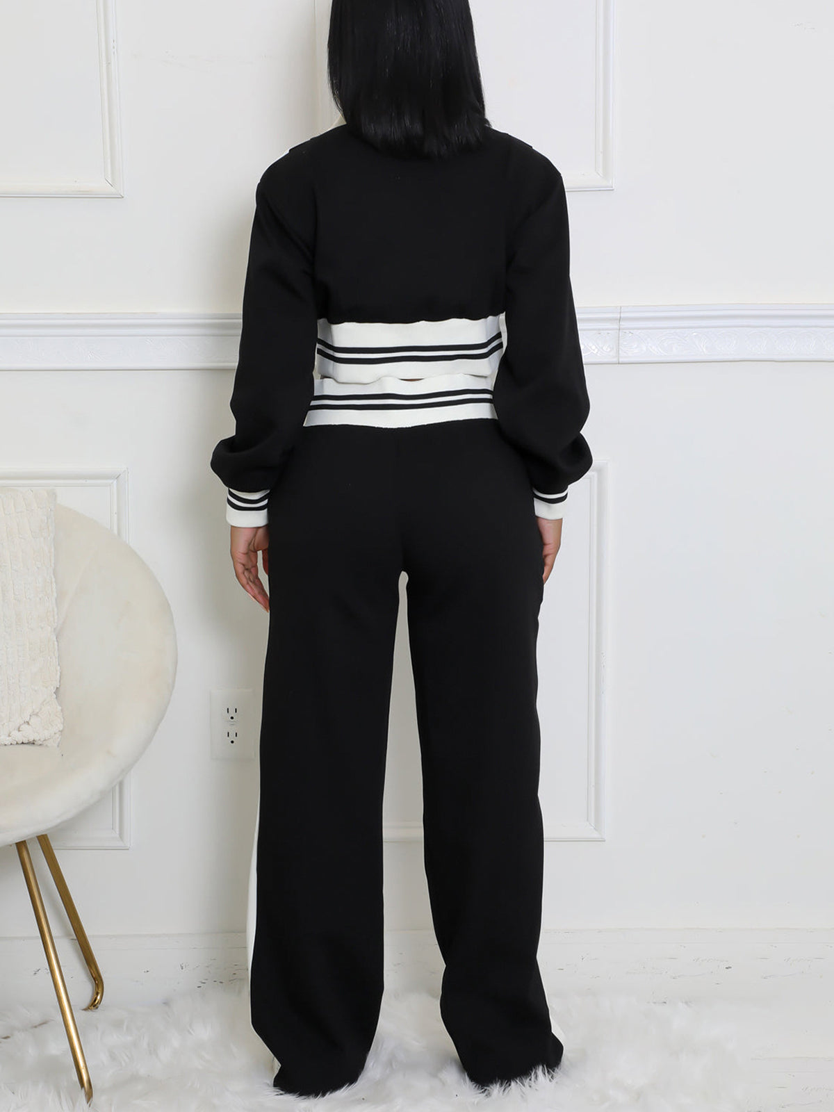 Zip Up Top Color Block Pants Set