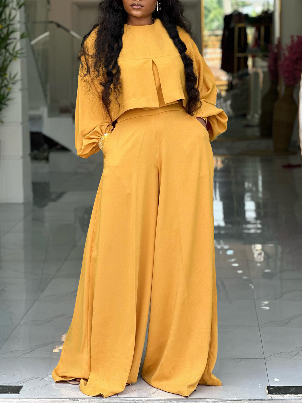 Plus Size Lantern Sleeve Wide Leg Pants Set