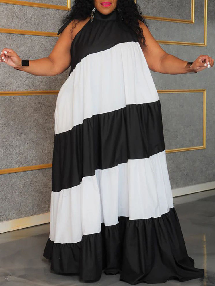 Plus Size Colorblock Print Flowy Maxi Dress