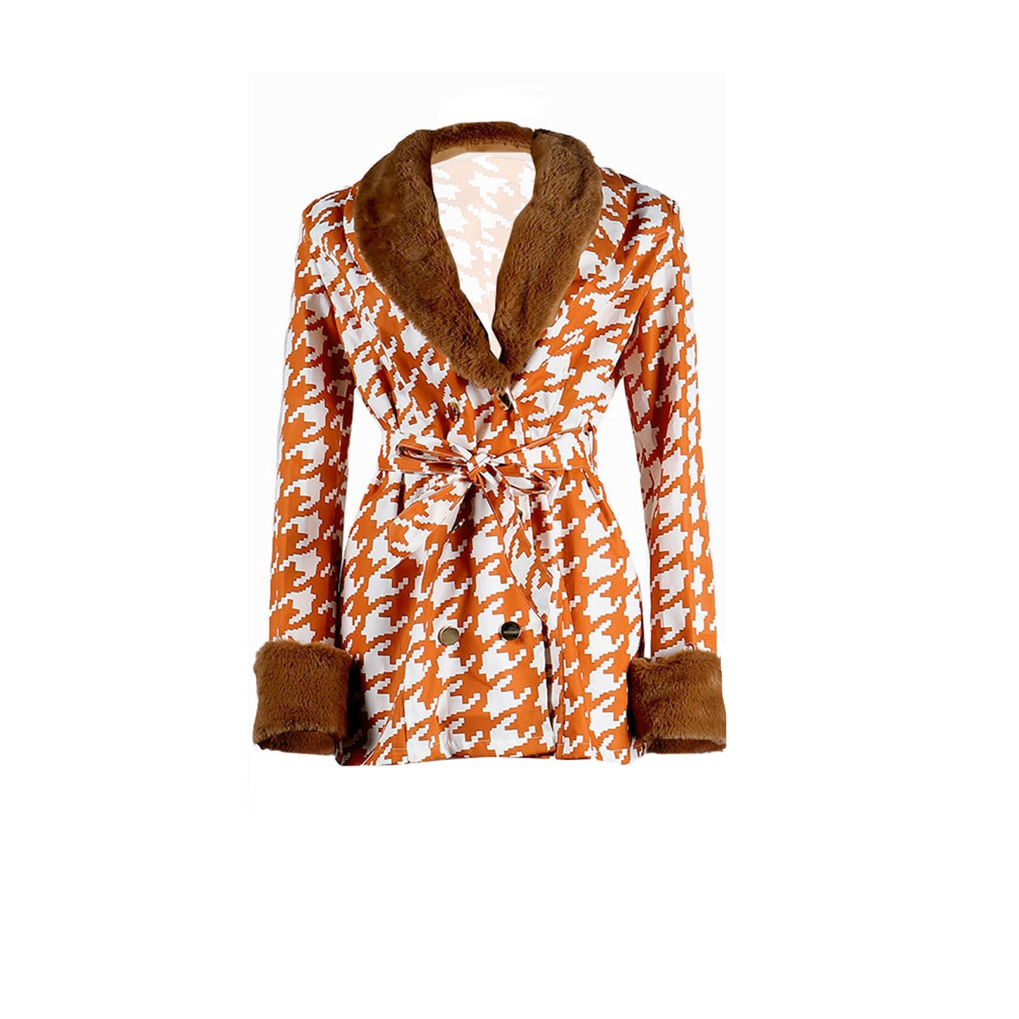 Houndstooth Long Sleeve Patchwork Woolen Coat