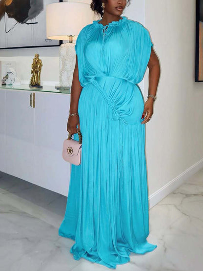Elegant Pleated Drawstring Waist Maxi Dress
