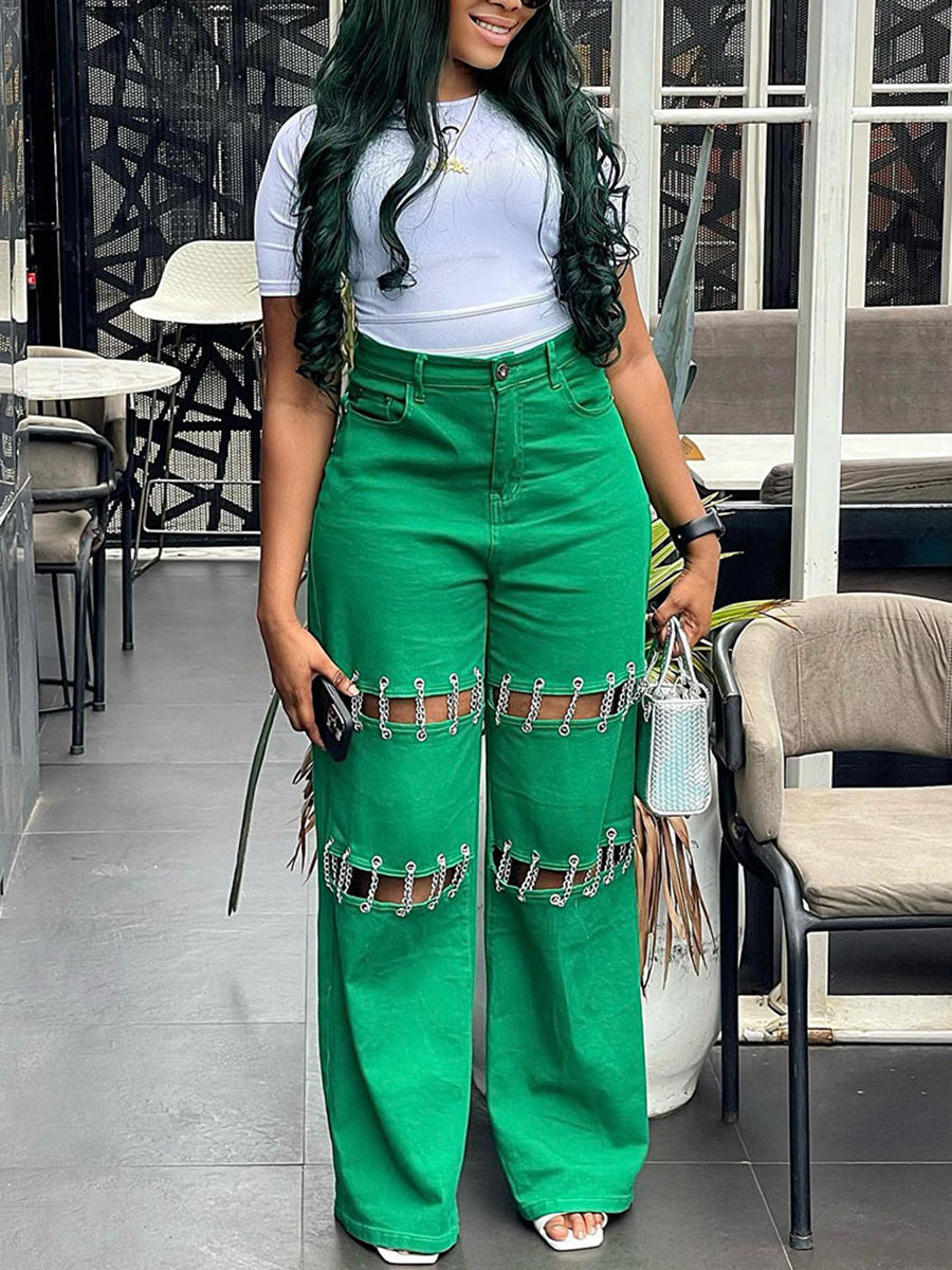 High Waist Distressed Chain Denim Pants