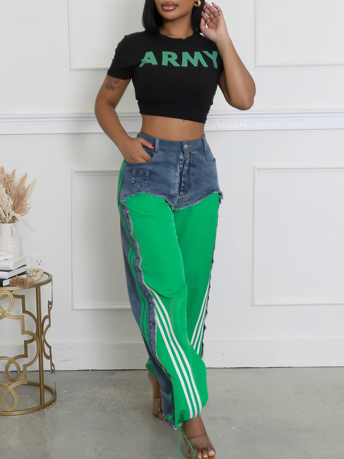 Stripe Patchwork Drawstring Denim Pants