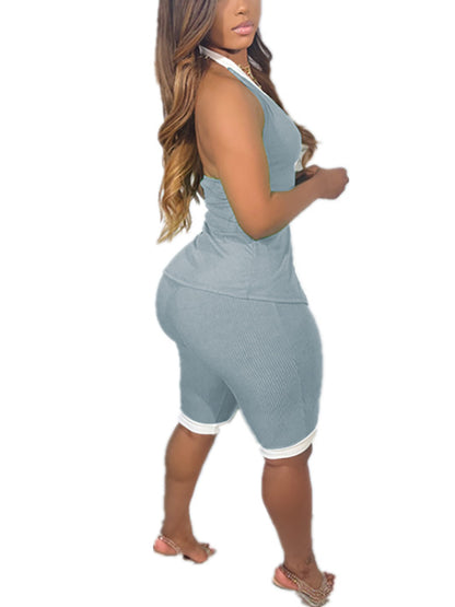 Button Down Tank Crop Top Shorts Sets