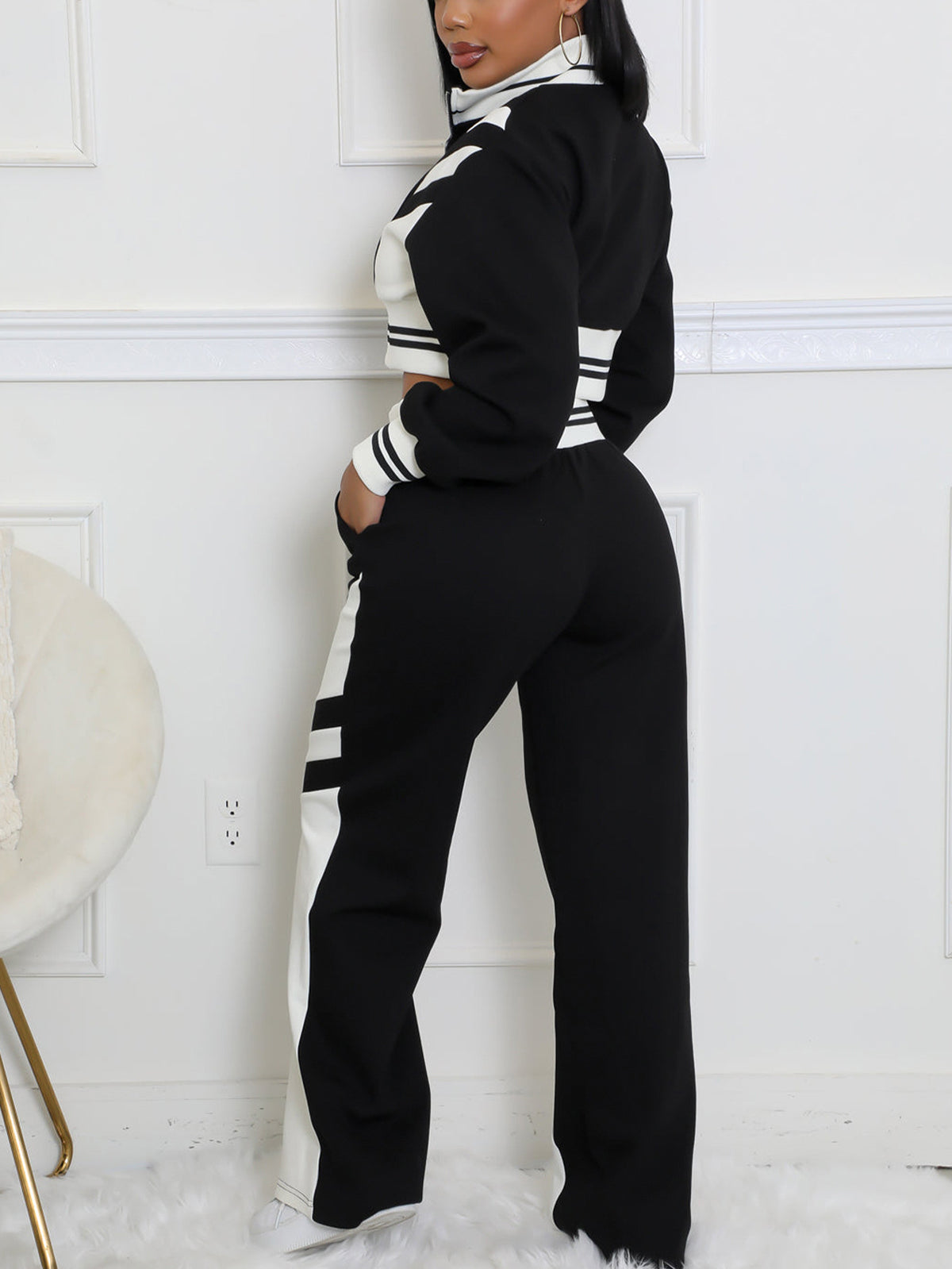 Zip Up Top Color Block Pants Set