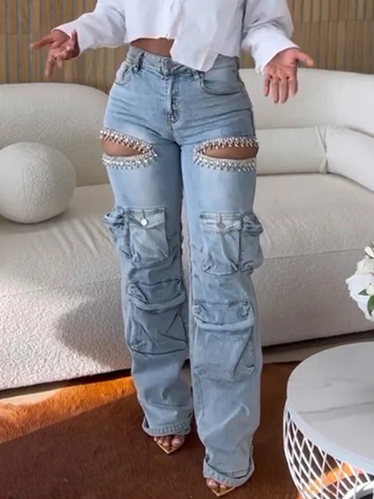 Hollow Rhinestone Multiple Pockets Denim Jeans