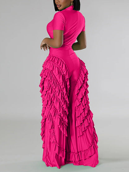 Two Pieces Short Sleeve Ruffle Trim Jumpsuit