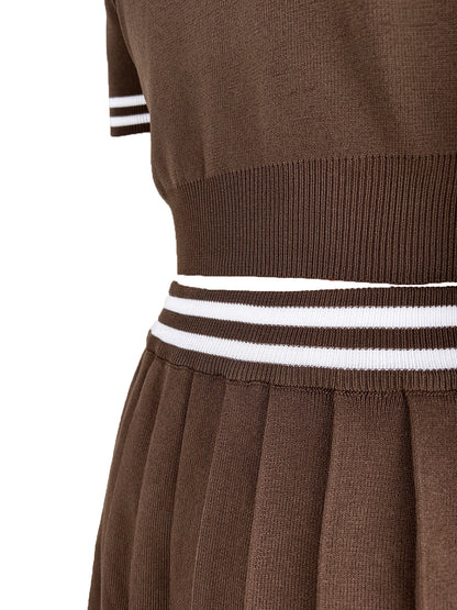 Stripe Knit Polo Crop Top Pleated Skirt Set