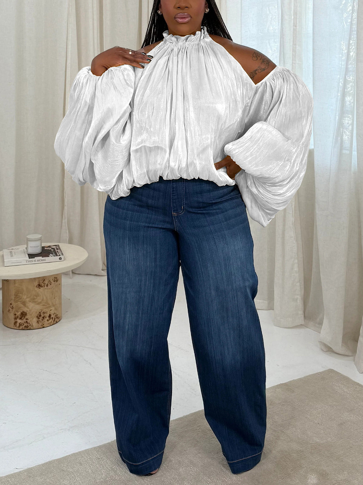 Off Shoulder Organza Lantern Sleeve Blouse