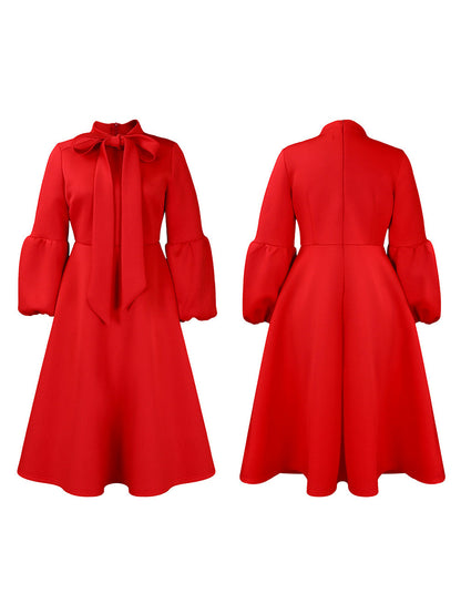Puff Sleeve Bow-Tie Neck Flared Midi Dress