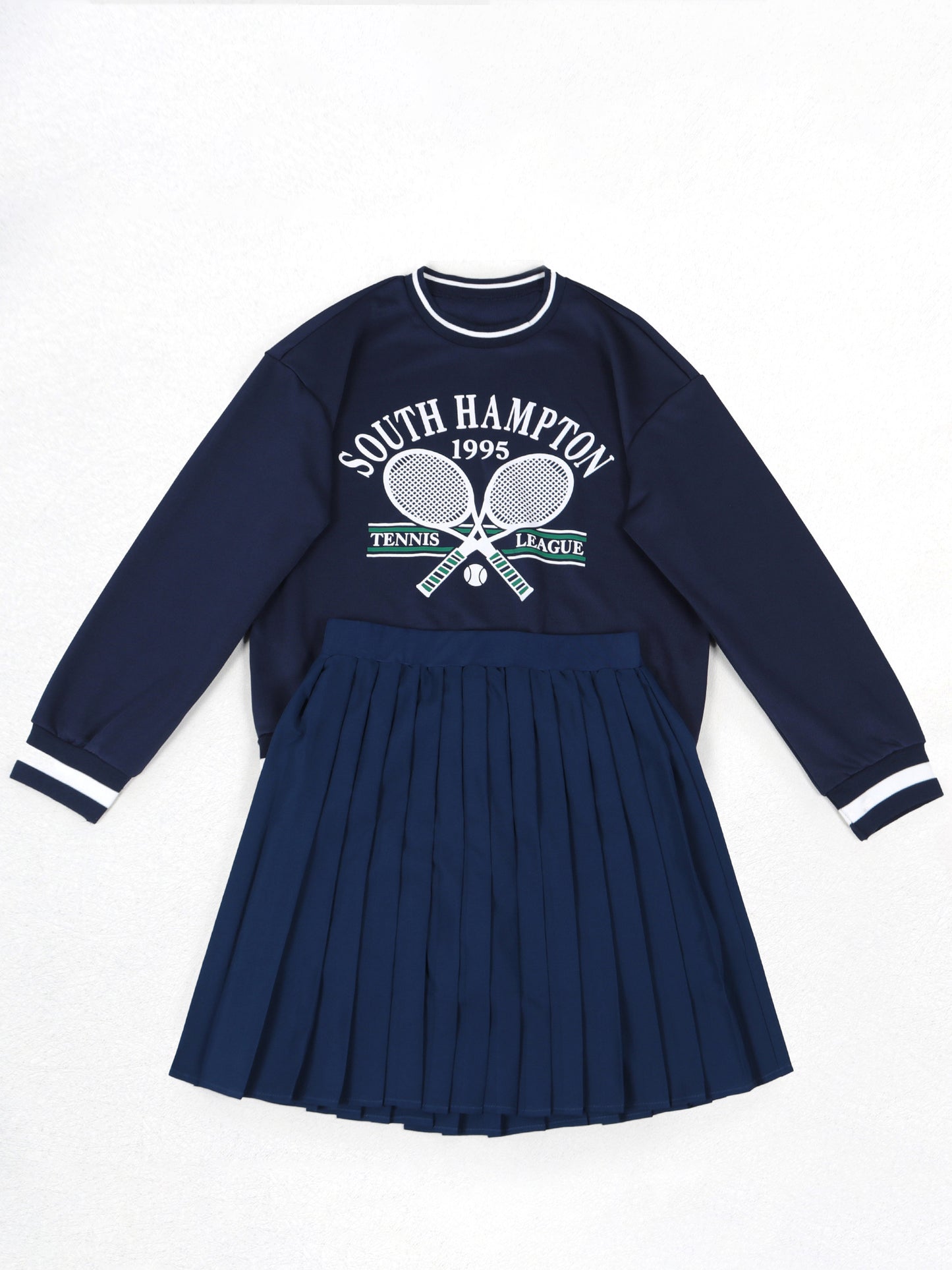 Vintage Tennis Print Sweatshirt Pleated Skirt Set